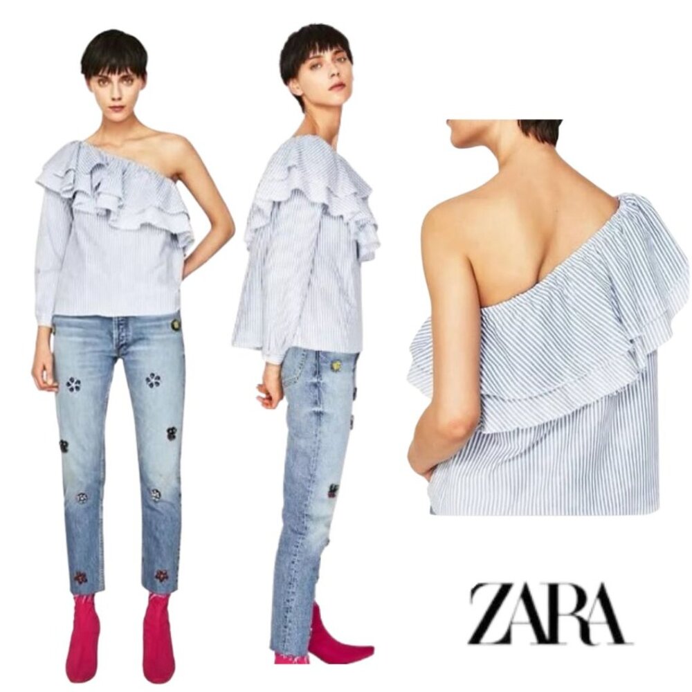 Zara Striped One Shoulder Ruffle Top Size XS